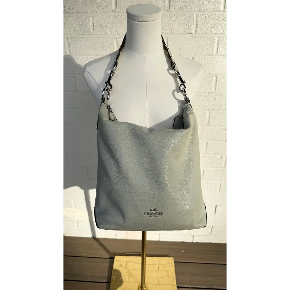 Coach Abbey Gray/Green Pebbled Leather Hobo Shoulder Bag Silver Hardware Slouchy - Picture 9 of 10
